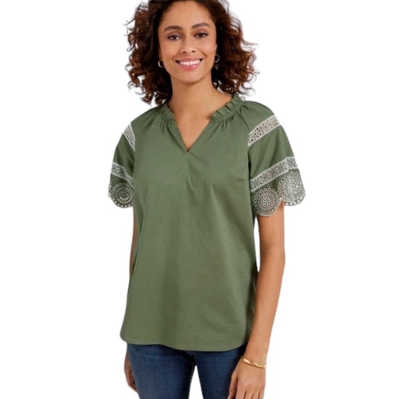TALBOTS Olive Green White Embroidered Short Sleeve Top Women's Size XLP - Picture 1 of 16